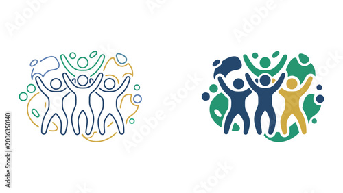 Happy business team celebrating success and growth vector illustration with abstract colorful shapes for corporate culture and professional marketing materials in modern flat and linear design