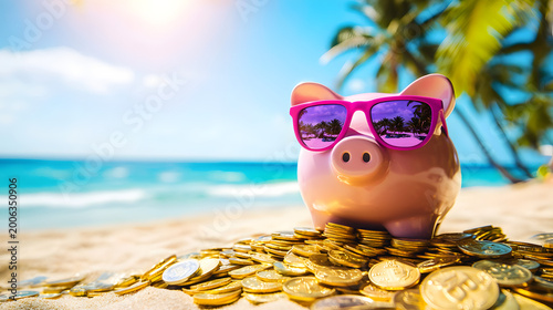 A penny in sunglasses standing on a stack of gold coins on a tropical beach – savings, finances, vacation spending concept