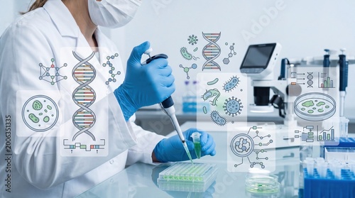 Scientist in laboratory working with DNA samples using pipette, molecular biology research concept with genetic code illustrations