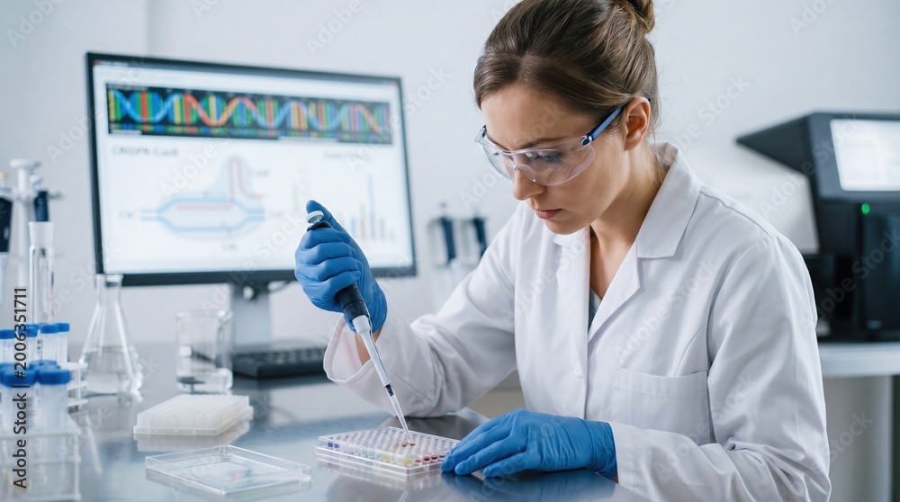 Fototapeta premium Female scientist working in laboratory with pipette and dna analysis on computer screen, genetic research and biotechnology science concept.