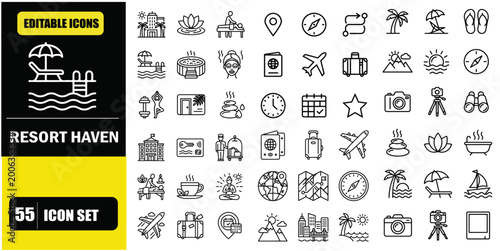 Resort Hotel Web Icons Line Style Icon Set – Wellness, Beach Tourism, Luxury Hotel, Travel Passport, Maps Navigation, Spa Services, Landscape Views and Photography Symbols Line Icons – Thin Line Edita