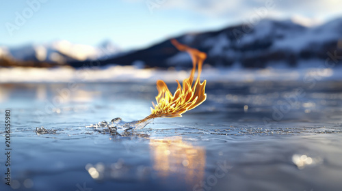 Vibrant flame dances on frozen lake, creating striking contrast against icy surface and snowy mountains in background