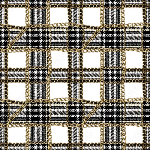 Seamless gold chain overlay on black and white plaid pattern