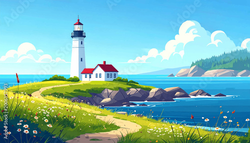Flowering meadow frames lighthouse cottage and deep coastal water. Colorful seaside vector for cheerful travel and nature marketing. Bright maritime artwork with grassy trail rocks bay and wildflowers