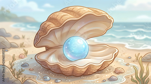 Open seashell with pearl inside on sandy beach illustration