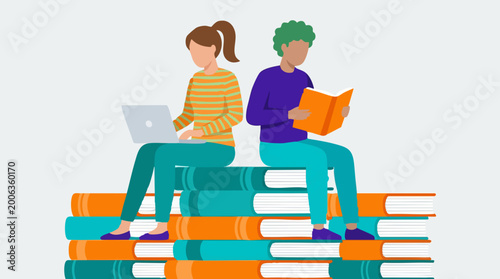 Photos Students reading and studying on book stacks with laptop and textbook