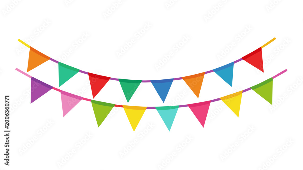 Obraz premium Colorful Bunting Garland with Triangular Pennants on White Background
