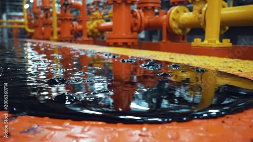 Spilled crude oil on the factory floor with industrial pipes and equipment reflecting in the dark liquid surface