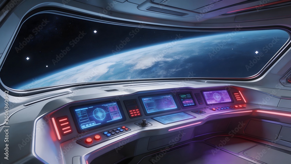 Fototapeta premium Spaceship cockpit view of Earth
