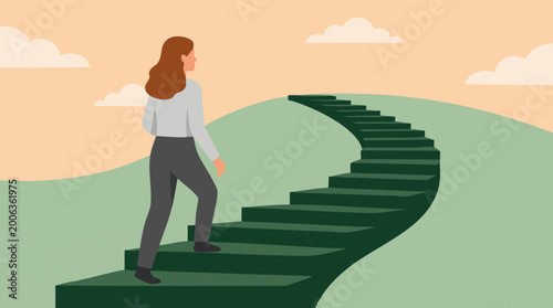 Foto Woman walking up winding stairs on a hill, symbolizing progress and ambition