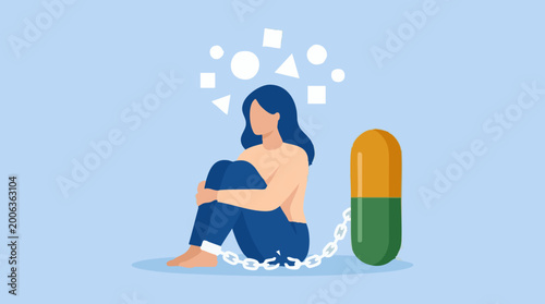 Fotografi Woman chained to a giant pill, symbolizing drug addiction or dependency