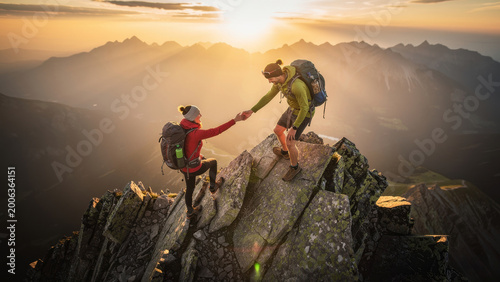 Two hikers, viewed from above, reach a mountain