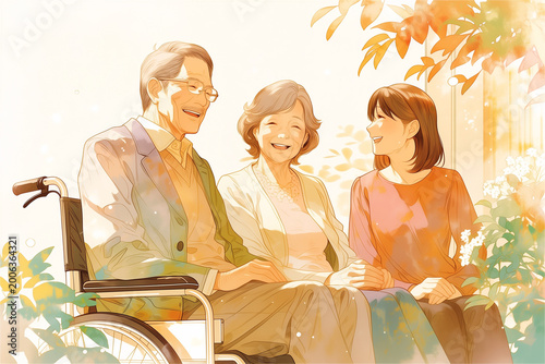 Plakat w ramie やわらかな陽だまりの中で笑顔を交わす高齢の両親と娘を描いた、家族の絆と介護・見守りの温かさを表現した優しいイラスト。車椅子の高齢男性を囲みながら穏やかに会話する安心感のある構図で、シニア福祉、在宅介護、家族支援、医療福祉サービス、人生の成熟期を前向きに伝える広告・広報向け人物イメージ素材