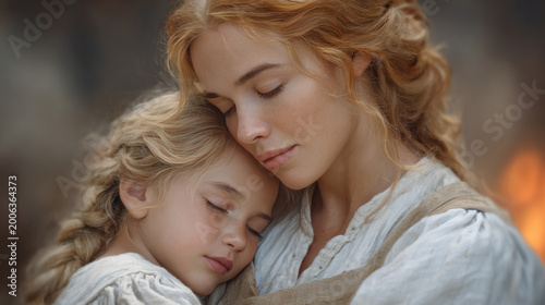 A tender close-up of a fair-haired woman embracing a sleeping young girl. Both have their eyes closed, evoking a sense of peace, maternal love, and safety in a rustic, soft-lit setting.
