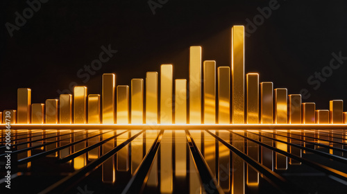 3D rendered golden bar chart with reflective glossy surface, showing upward financial growth trends on dark background, luxury business data visualization.