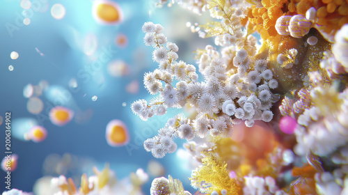 Vibrant underwater scene featuring colorful coral reefs, delicate marine life, and shimmering bubbles creating serene