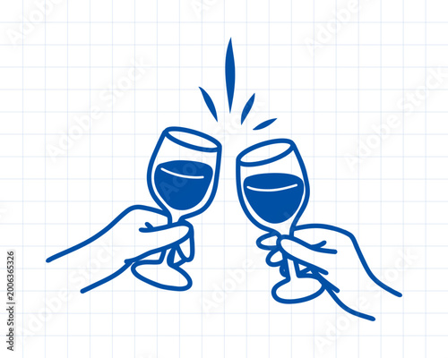 Bild auf Leinwand Blue line art hands clinking wine glasses doodle, simple toast celebration icon for summer party and travel dining