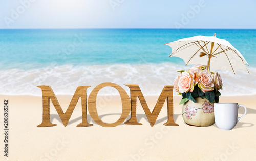 Mother's day card background idea, mom wooden font with flower vase on tropical beach
