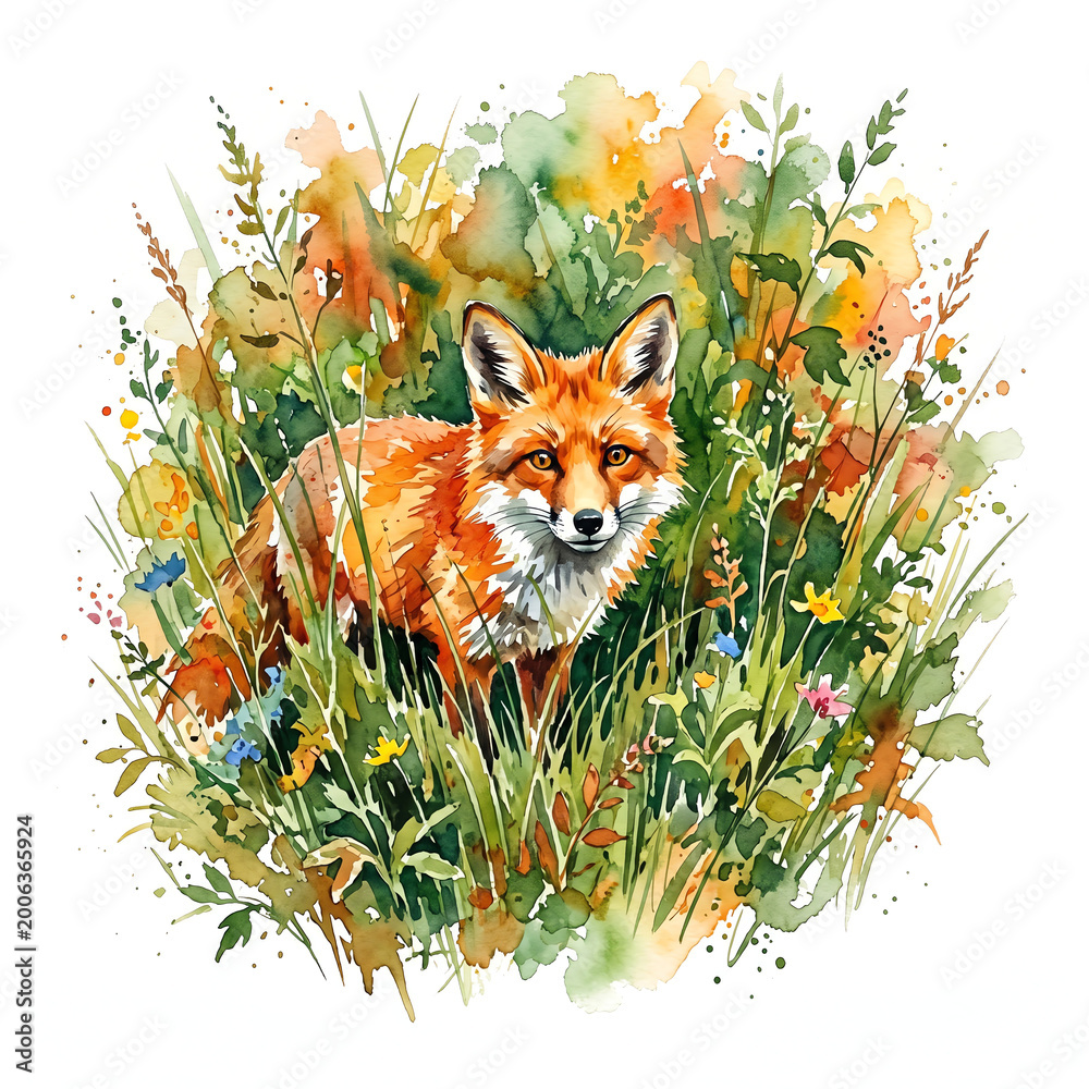 Fototapeta premium Red fox peeking curiously out from tall meadow grass Watercolor Animal Illustration Hand Painted