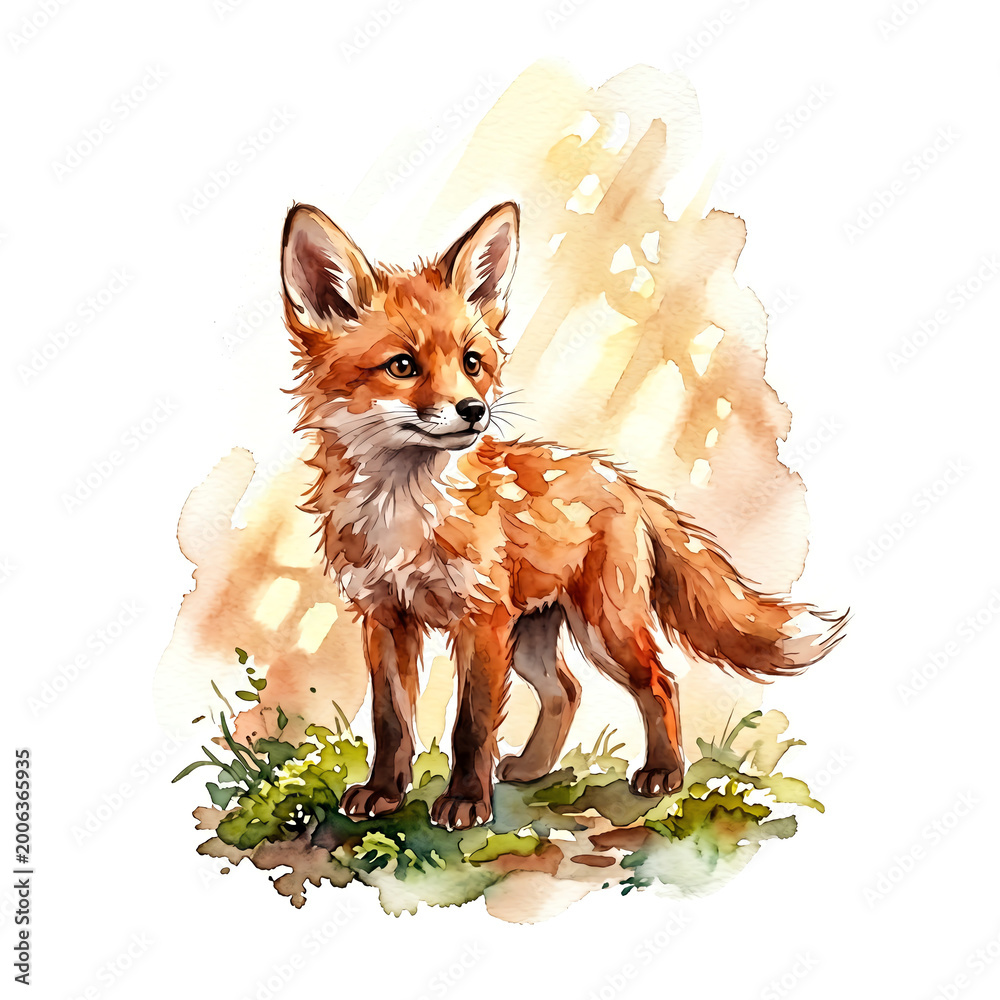Naklejka premium Single fox cub with big triangular ears standing alone in a sunlit clearing Watercolor Animal Illustration Hand Painted