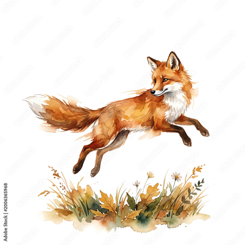 Fototapeta premium Red fox leaping gracefully through mid-air in playful pursuit Watercolor Animal Illustration Hand Painted