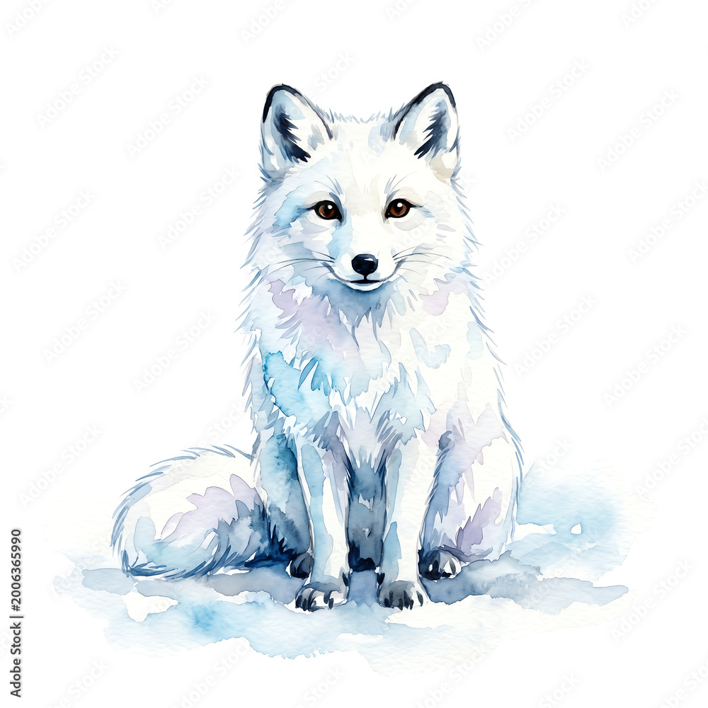 Fototapeta premium Fluffy arctic fox sitting alert in soft winter snow Watercolor Animal Illustration Hand Painted