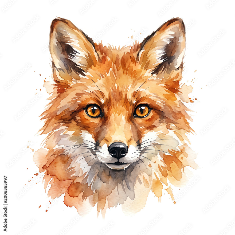 Fototapeta premium Red fox face portrait looking forward with bright curious amber eyes Watercolor Animal Illustration Hand Painted