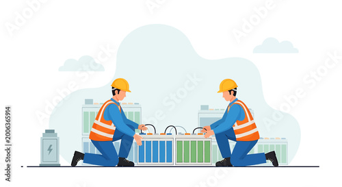 Two construction workers installing electrical equipment together.