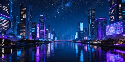 A futuristic cyberpunk city waterfront at starry night, with neon lights reflecting on the calm river, showcasing modern skyscrapers and digital billboards.