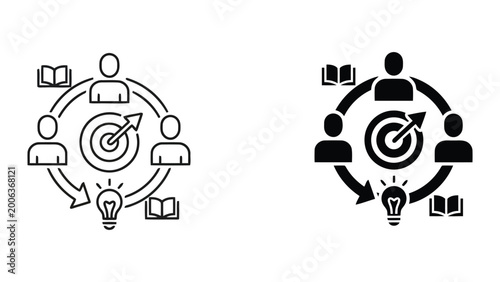 Canvas-taulu People around circular target with light bulb and book icons representing learni