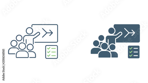 Business presentation and meeting icon featuring team members with presenter and checklist in both outline and solid color vector styles for corporate training and workshop management platforms