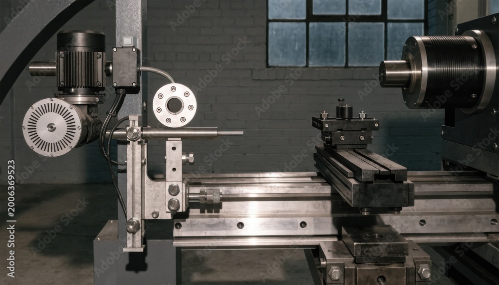 Fototapeta premium Medium shot focusing on the setup of a servodriven bar feeder attachment to a lathe finetuning electronic controls and guide positions for highprecision automated machining.