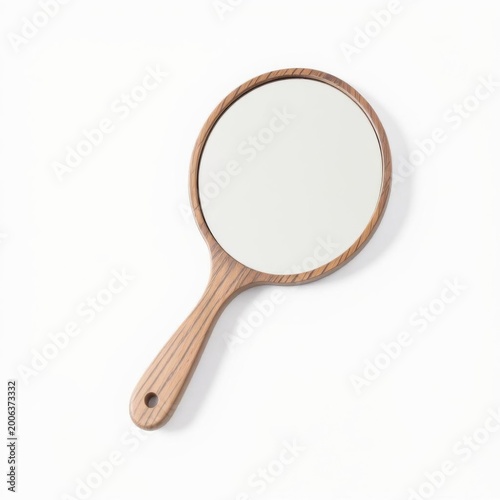 Wooden Hand Mirror with Round Reflective Surface on Clean White Background