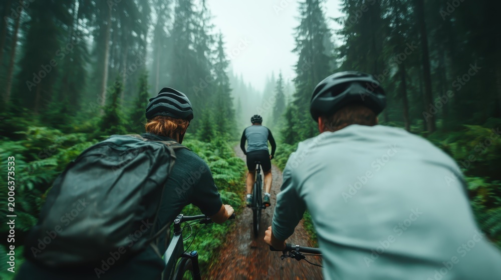 Fototapeta premium This dynamic image features two mountain bikers traversing a misty, lush green forest trail, highlighting adventure and the thrill of exploration in nature's embrace.