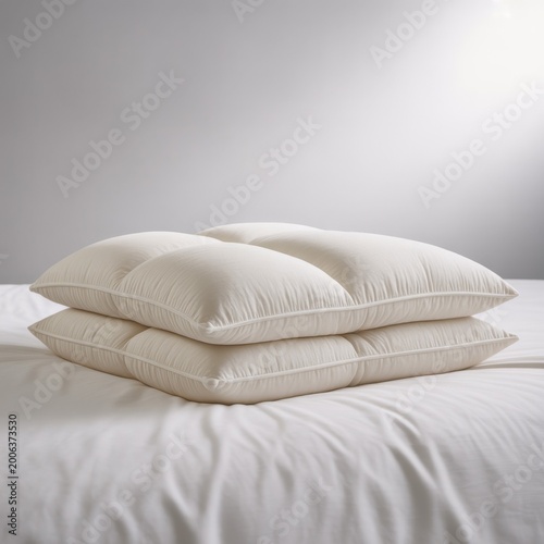 Stacked Beige Pillows on White Bed Sheet with Neutral Background in Bedroom