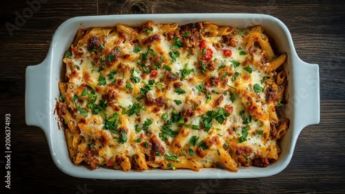 Delicious Oven-Baked Penne Pasta with Tomato Meat Sauce and Melted Cheese Casserole Garnished with Fresh Parsley in a White Ceramic Dish on a Dark Wooden Background