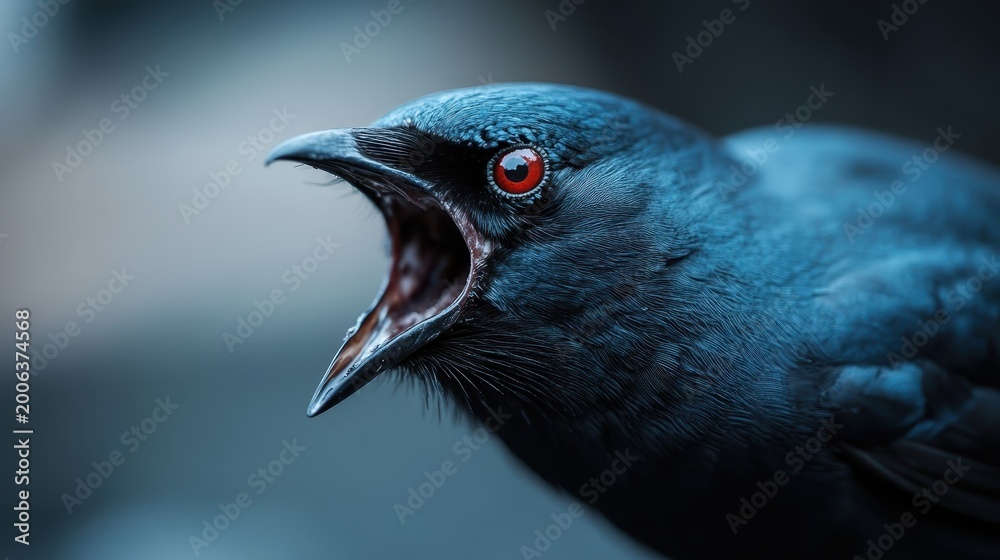Fototapeta premium An artistic close-up of a blue bird with vibrant red eyes, captured at the moment of calling out, revealing the beauty of nature’s vivid colors and emotions.