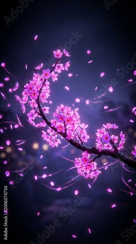 Glowing pink cherry blossoms on a branch at night with falling petals cherry blossom luminescent floating delicate beautiful botanical peaceful tranquil