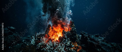 Underwater volcanic eruption with molten lava and bubbles volcanic activity ocean floor eruption