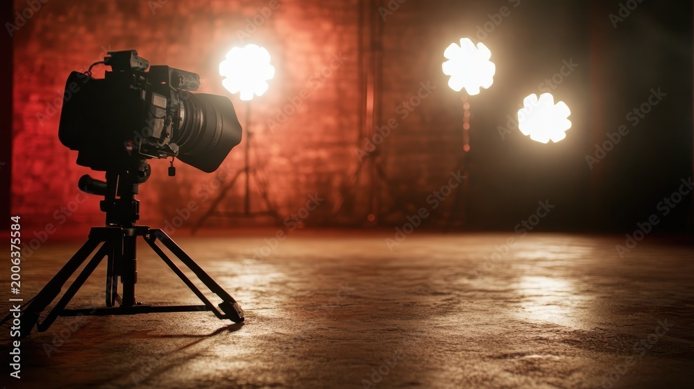 Fototapeta premium A professional camera set up on a tripod within a dimly lit space, surrounded by bright lights, ready for capturing stunning and memorable moments in various settings.
