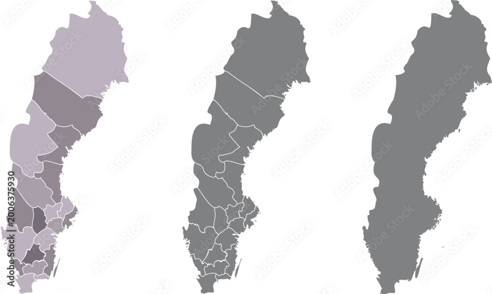 Fototapeta premium Sweden Administrative Regions Map Set in Purple, Mauve, and Dark Gray Tones — Subtle Monochrome Vector Collection with County Borders
