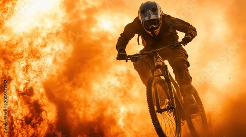 An adrenaline-filled moment of a mountain biker soaring through an explosive backdrop of flames and smoke, capturing the thrill and excitement of extreme sports and adventure.