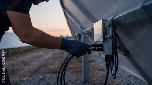 Technician installing solar panel inverter system, connecting cables for renewable energy power plant maintenance and sustainable green technology infrastructure development at