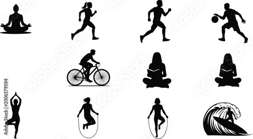 Canvas Print Active lifestyle silhouette set featuring yoga meditation running cycling basket