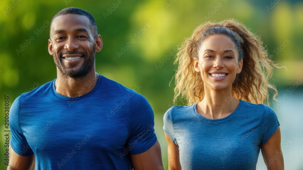 Obraz premium An attractive couple smiles while jogging outdoors on a sunny day, enjoying a workout.