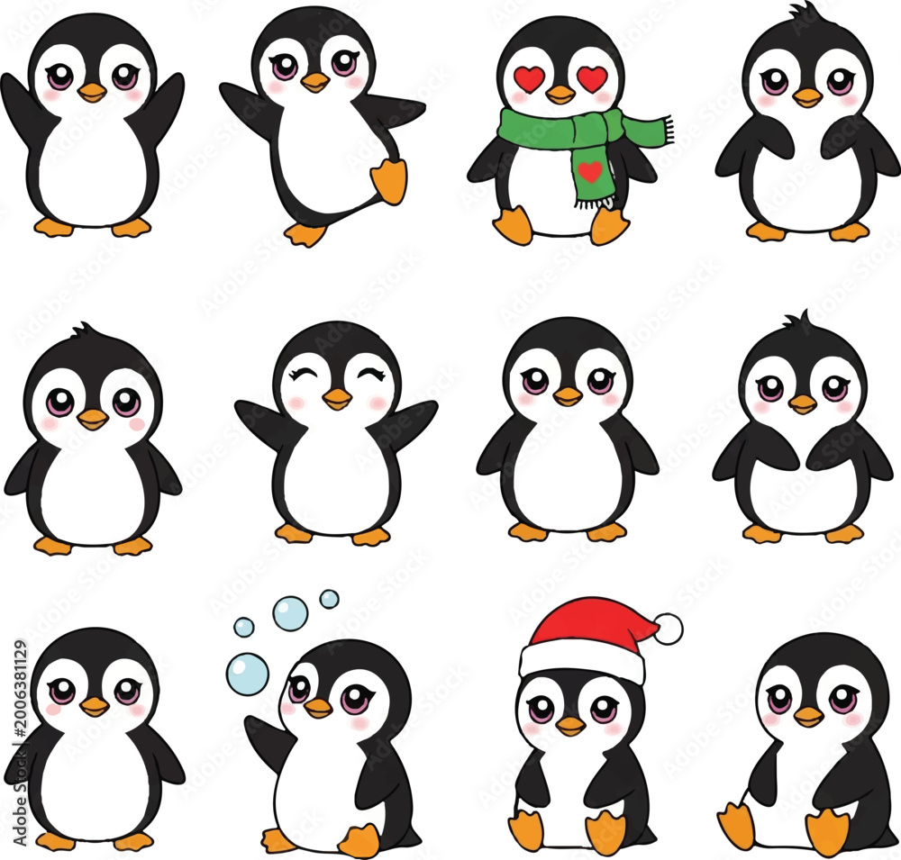 Fototapeta premium Kawaii Penguin Vector Character Set Cute Cartoon Sticker Sheet