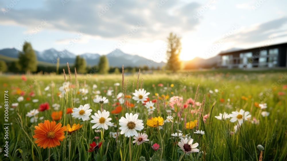 Fototapeta premium A breathtaking display of blooming wildflowers in various colors under a clear sky, creating a peaceful and serene atmosphere in nature's beautiful meadow.