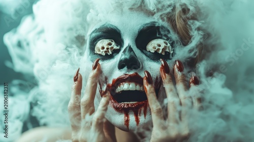 A woman dons striking skull makeup and blood elements, framed by swirling smoke, creating an eerie and mesmerizing visual experience that captivates and intrigues.