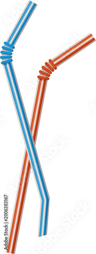 Two striped drinking straws bending and crossing for beverages