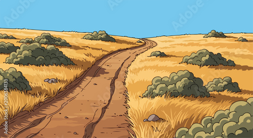 Canvas Print Winding dirt road through golden savanna landscape, rural countryside path with